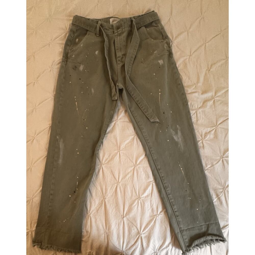 Risen Slouchy Jeans Olive Green Paint Splatter Belted Cropped Cuffed Size 7